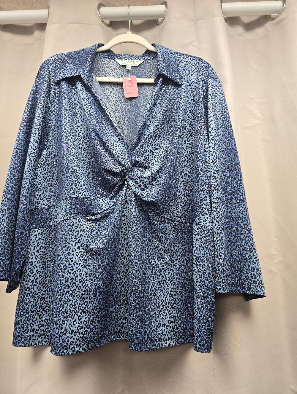 John Paul Richard Vintage Blue Leopard Twist-Front Sequins Women's Top Size 2X
